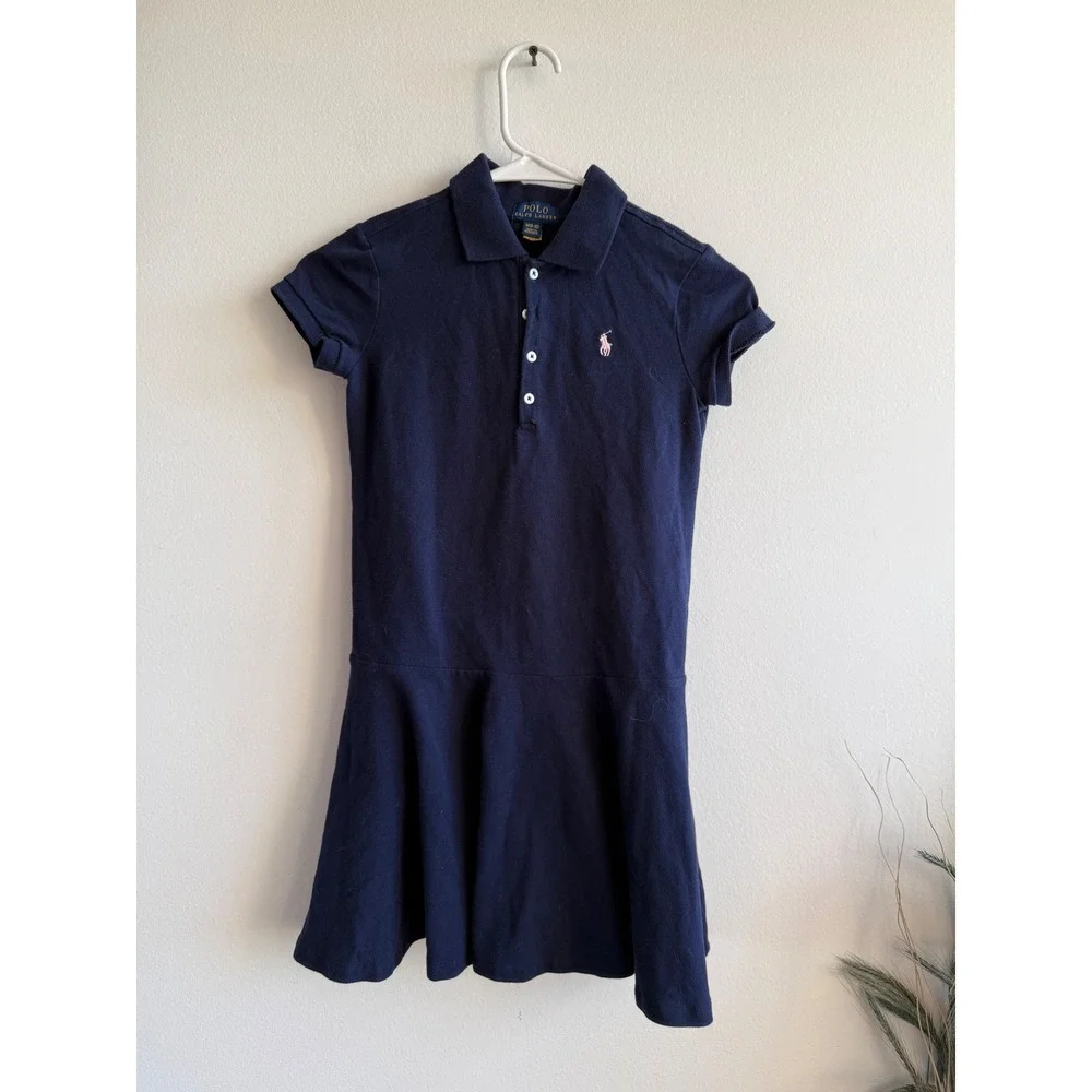 Polo Ralph Lauren Girls Navy Blue Short Sleeve Drop Waist Polo Dress Size M 8-10